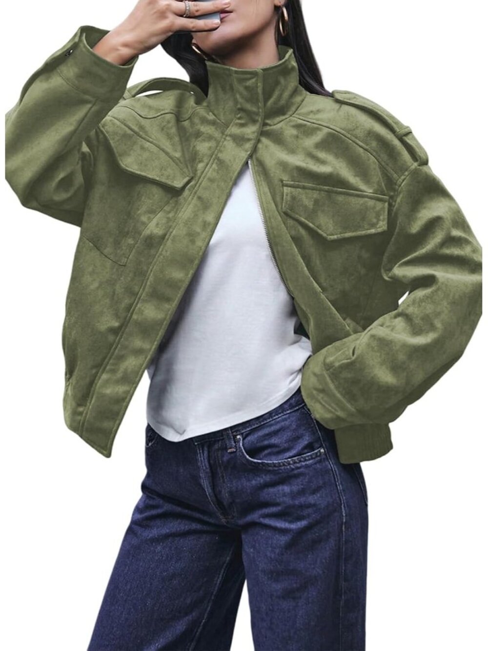 Women's Green Stylish Casual Cropped Bomber Jackets Trendy Solid Zip Up Coats